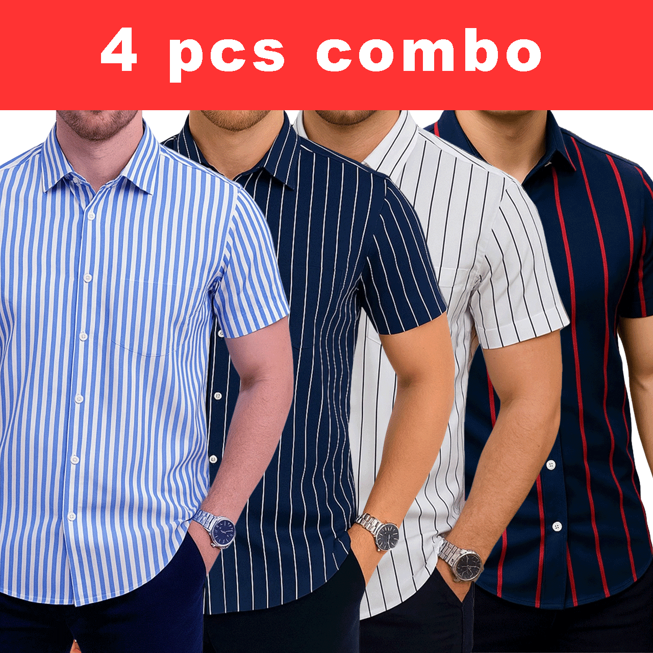 4 Pcs Half Sleeve Print Shirt- (Sky+Navy +White ) Small+Blue Red