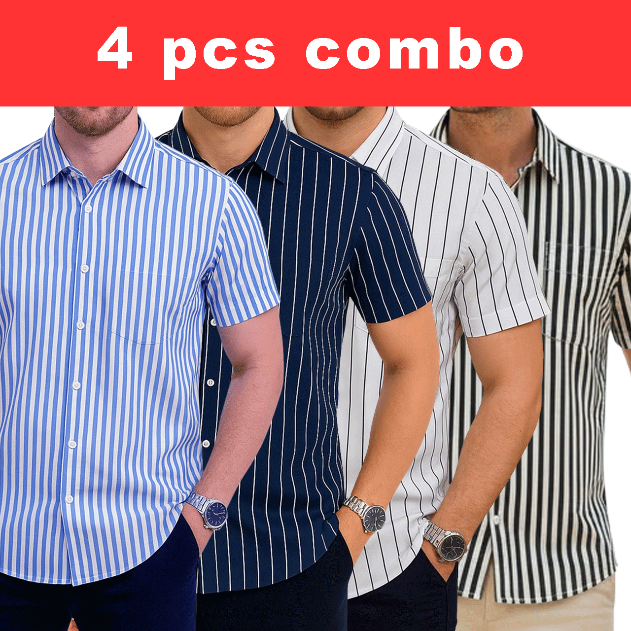 4 Pcs Half Sleeve Print Shirt- (Sky+Navy +Black+White ) Small