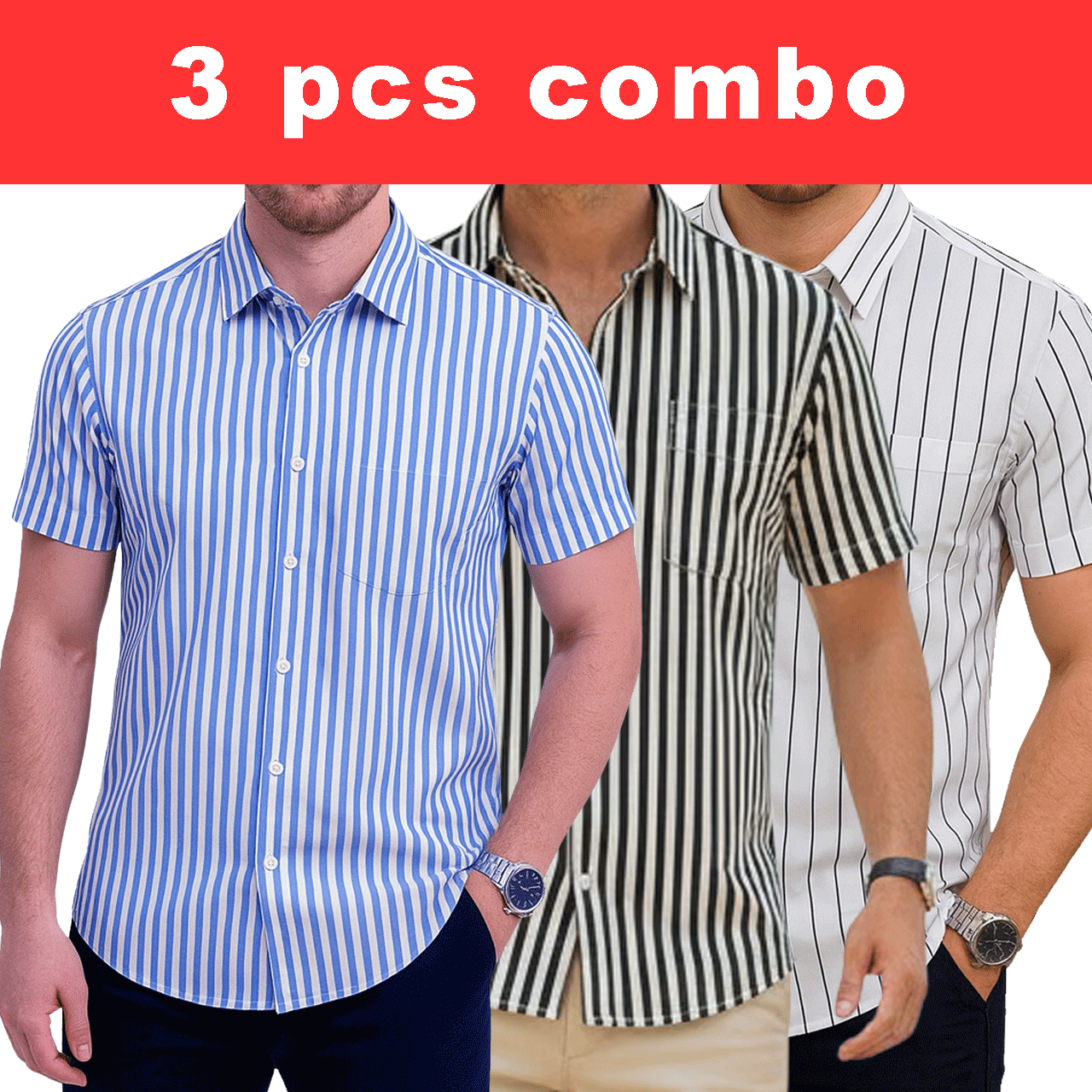3 Pcs Half Sleeve Print Shirt- (Sky+ Black+White) Small