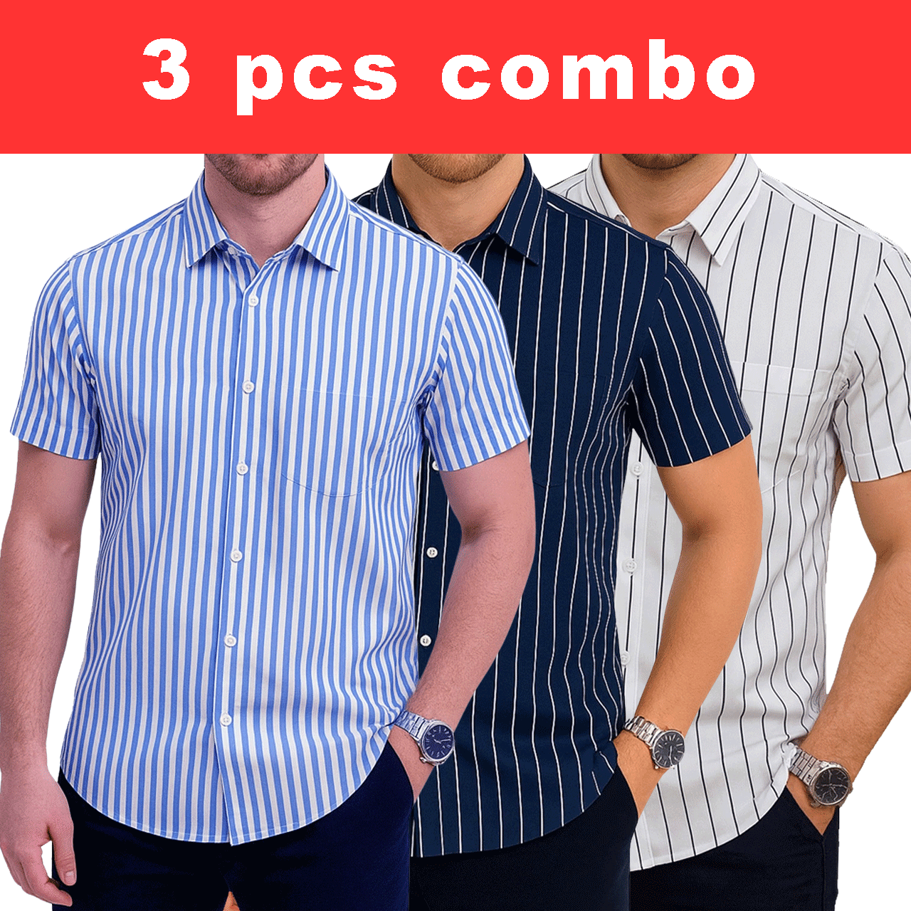 3 Pcs Half Sleeve Print Shirt- (Sky+ Navy +White) Small