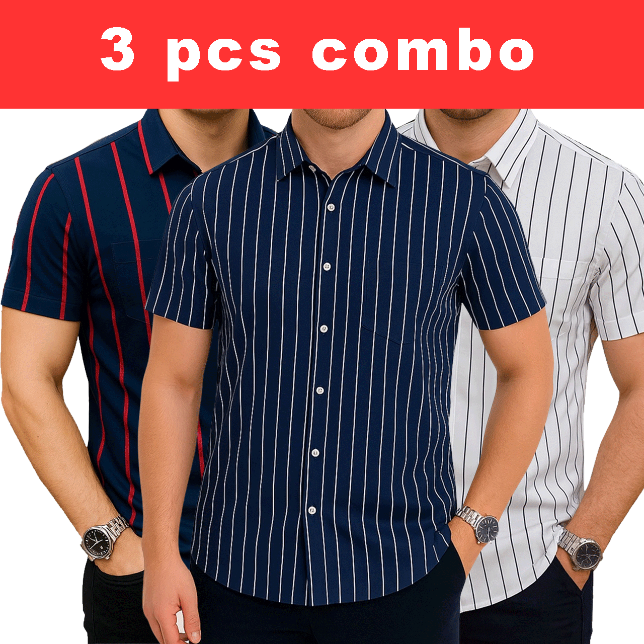 3 Pcs Half Sleeve Print Shirt- Blue Red+ Navy small+White Small