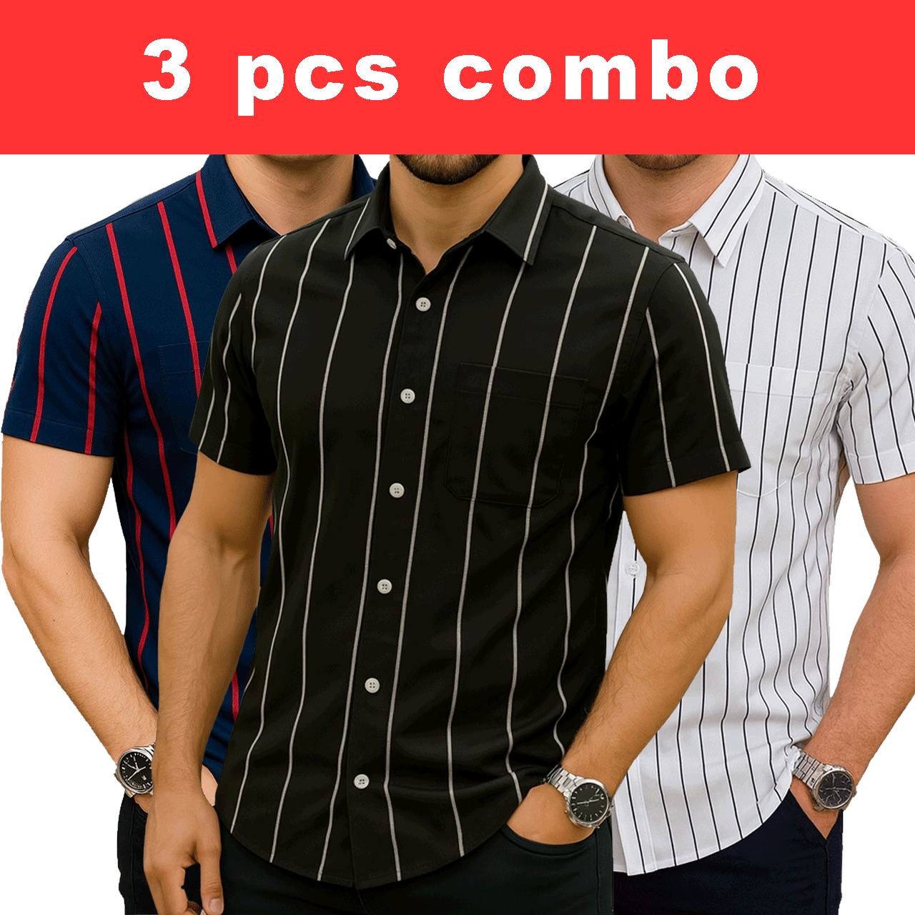 3 Pcs Half Sleeve Print Shirt- Blue Red+ Black Big+White Small