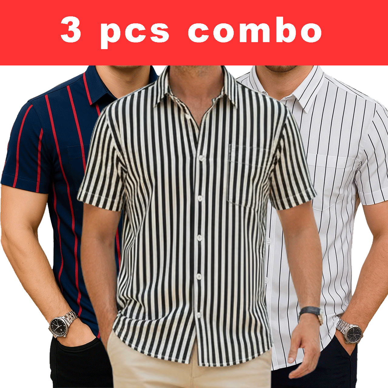 3 Pcs Half Sleeve Print Shirt- Blue Red+ Black Small+White Small