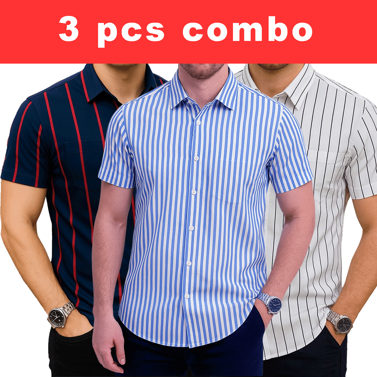 3 Pcs Half Sleeve Print Shirt- Blue Red+ Sky small+White Small