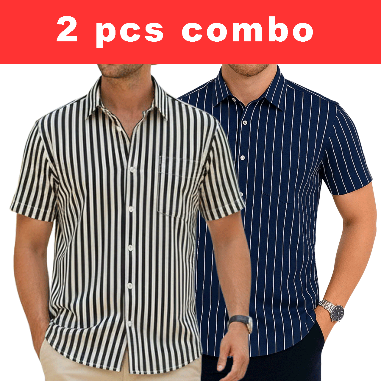 2 Pcs Half Sleeve Print Shirt-Black Small+Navy Small