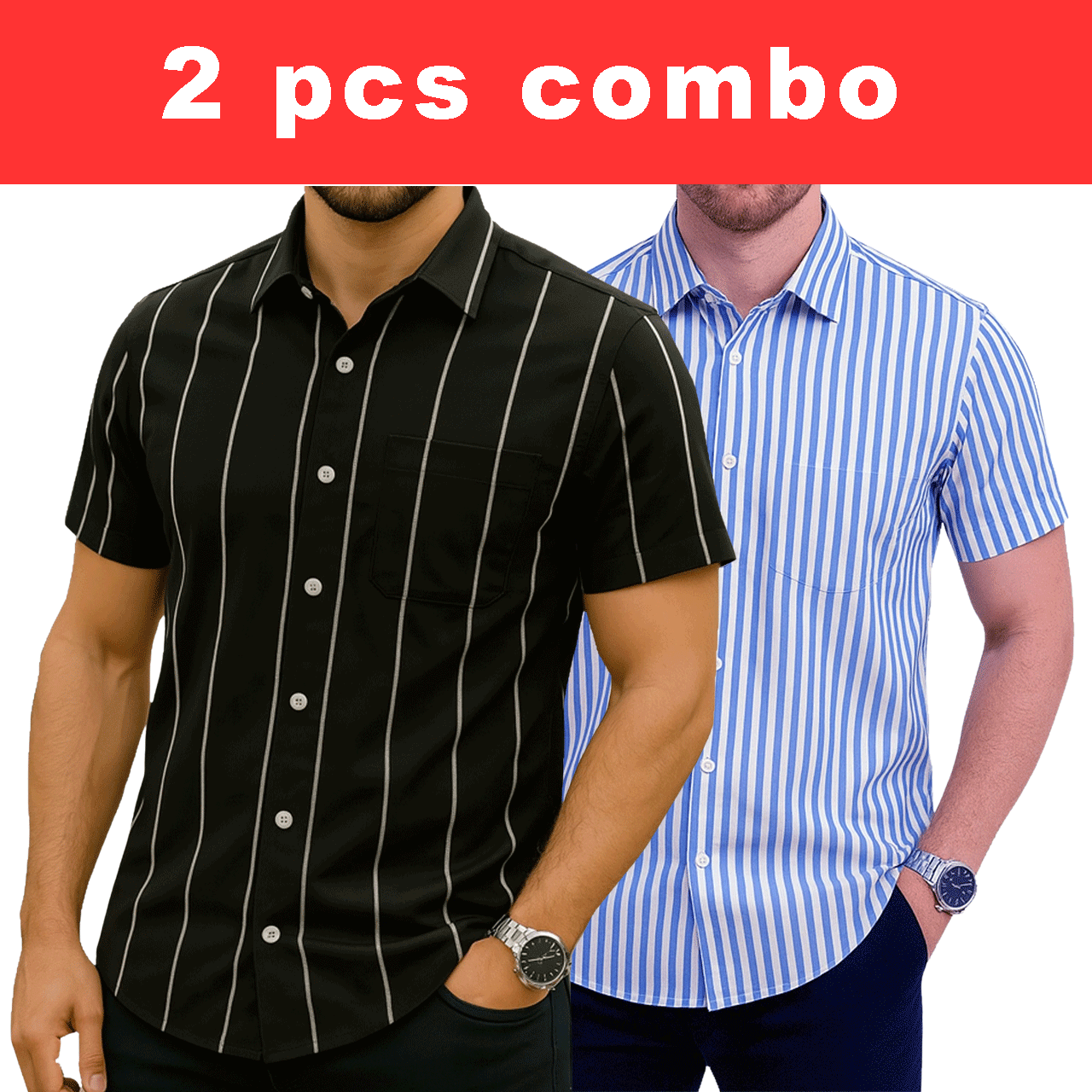 2 Pcs Half Sleeve Print Shirt-Black Big+Sky Small