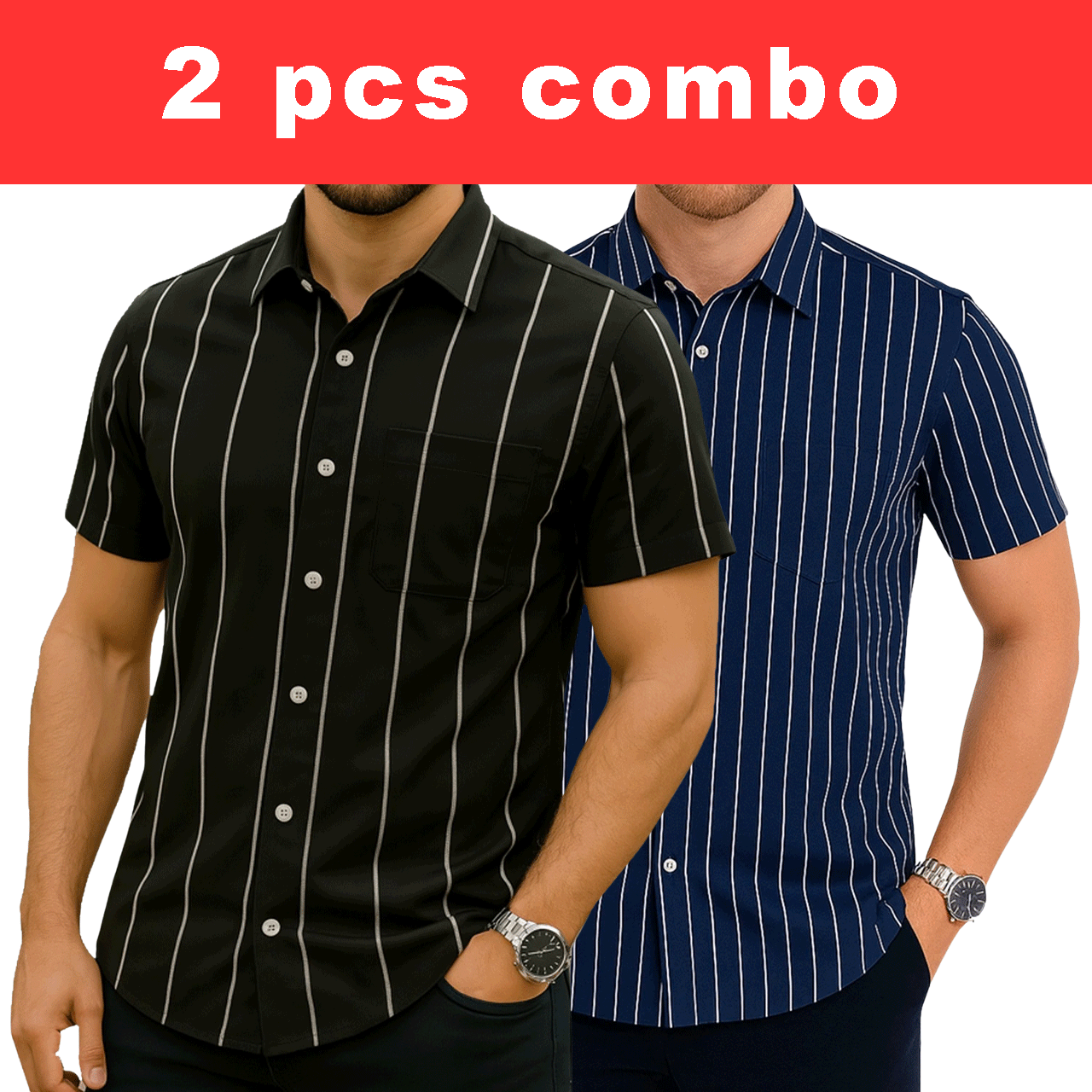 2 Pcs Half Sleeve Print Shirt- Black Big+Navy Small