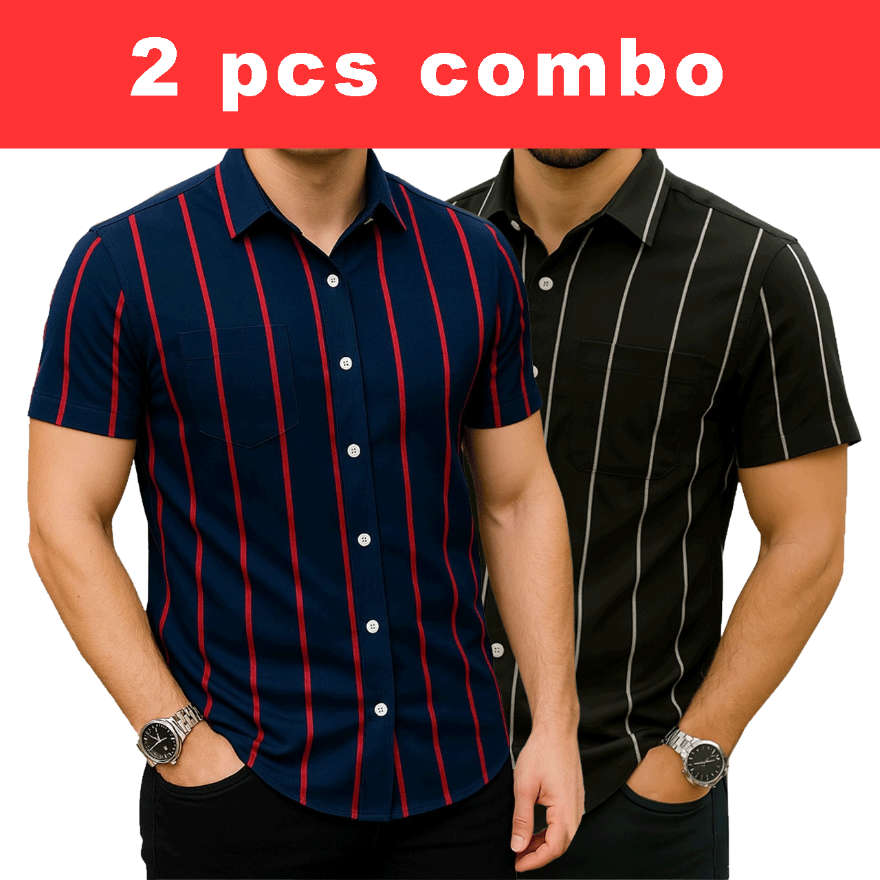 2 Pcs Half Sleeve Print Shirt-Blue Red + Black Big