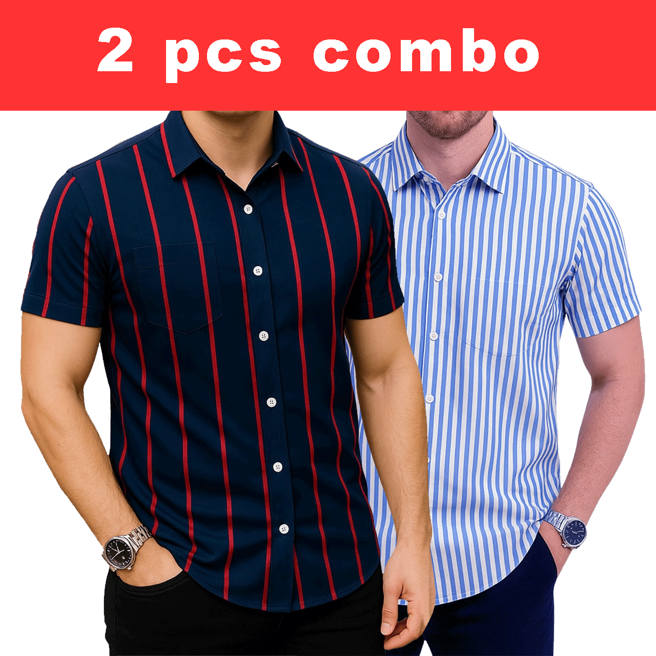 2 Pcs Half Sleeve Print Shirt-Blue Red + Sky Small