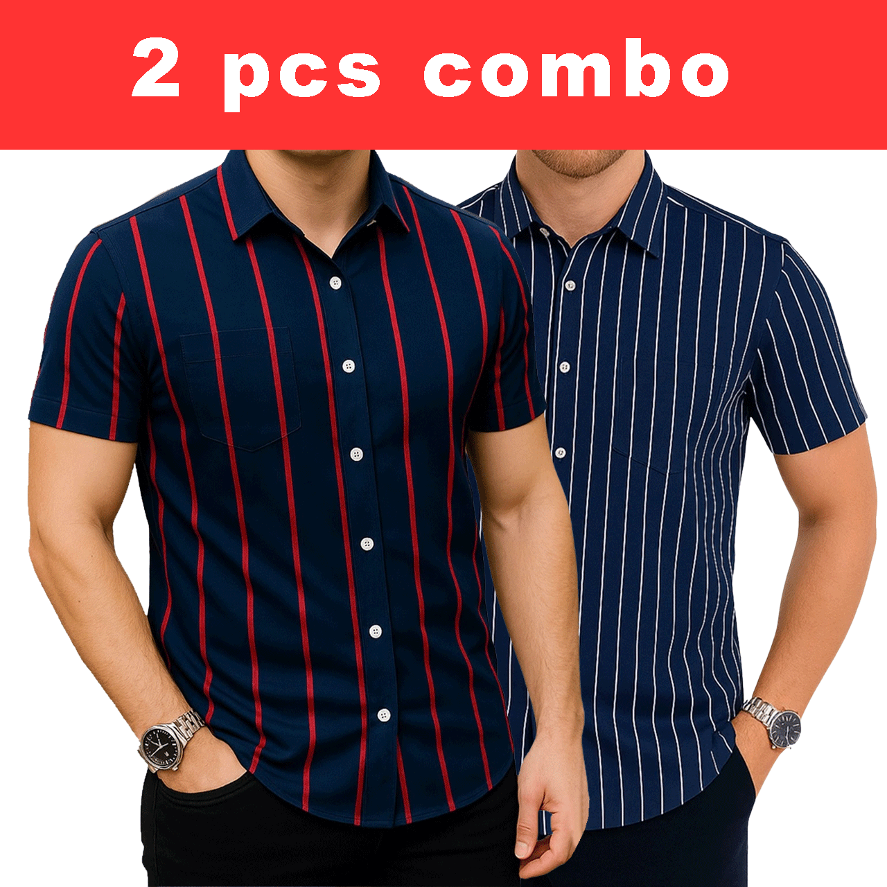 2 Pcs Half Sleeve Print Shirt-Blue Red + Navy Small