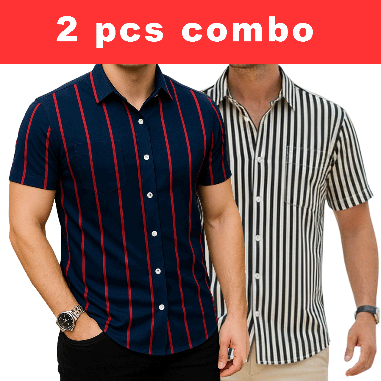 2 Pcs Half Sleeve Print Shirt-Blue Red + Black Small