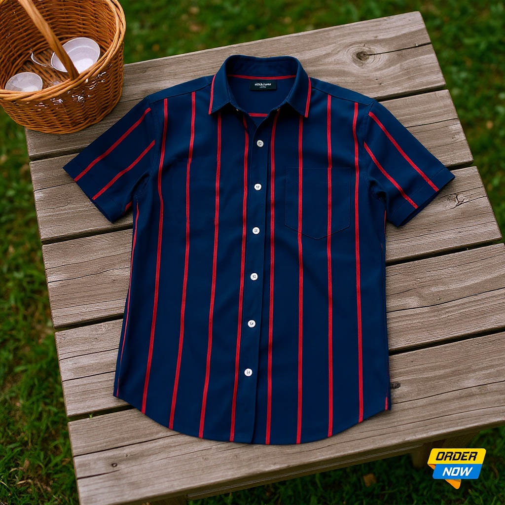 1 Pcs Half Sleeve Print Shirt-Blue Red